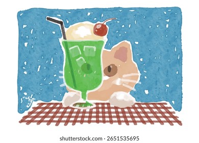 uma ilustração de um gato olhando um refrigerante de melão