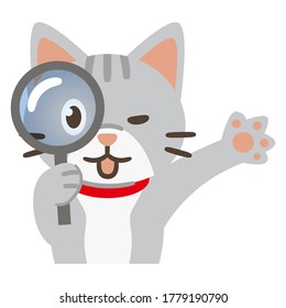 Illustration of a cat looking through a magnifying glass on a white background