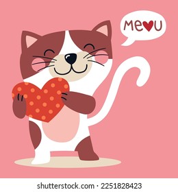 Illustration of a cat in love holds a heart with its paws and says meou, Valentine's Day illustration
