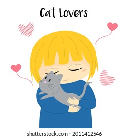 Illustration of cat lovers with flat style. Girl hug his lovely cat