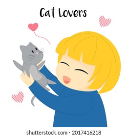 Illustration of cat lovers with flat style. Girl hug his lovely cat