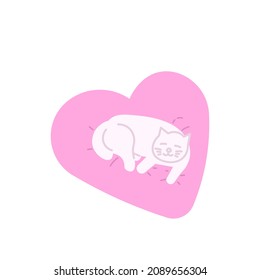 illustration of a cat lying on a bed in the shape of a heart. flat cartoon style. vector design
