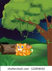 Illustration of a cat lying under a tree in a dark night
