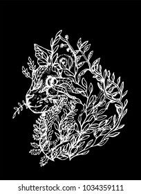 Illustration of a cat made of branches and leaves. Black and white drawing of a cat in profile. Chalk on a blackboard.