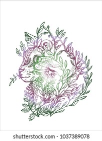 Illustration of a cat made of branches and leaves. Color drawing of a cat in profile.