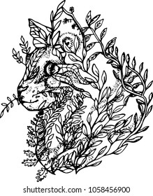Illustration of a cat made of branches and leaves. Black and white drawing of a cat in profile