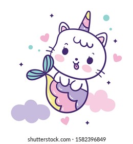 Illustration of cat mermaid cartoon in unicorn vector kawaii animal pastel color Nursery decoration hand drawn isolated on a white background: Perfect kid greeting card, t-shirt print,  poster.