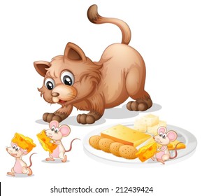 Illustration of a cat and mice