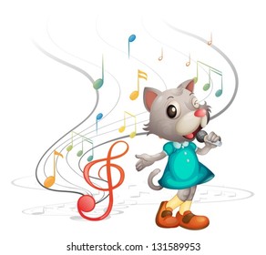 Illustration of a cat with a microphone on a white background