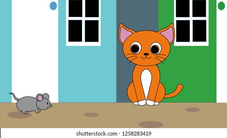 Illustration of a cat and a mouse