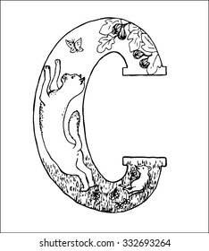 Illustration of cat and mouse in the circuit S. The initial letter, the first letter of the name, the icon. Hands painted illustration, sketch. Russian alphabet
