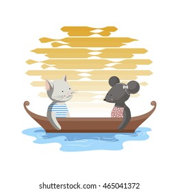 The illustration. The cat and the mouse sit in the evening in a boat on a lake against the setting sun.
