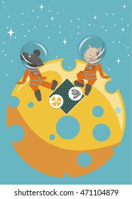 The illustration.  The cat and mouse sitting on the moon in spacesuits. They have a picnic on a table cloth are plates of fish and cheese.