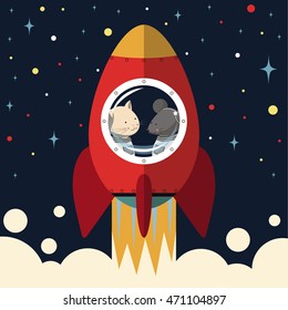 The illustration. The cat and the mouse take off on the red rocket.In the sky the stars Shine with different colors. Cat and mouse look out the window.