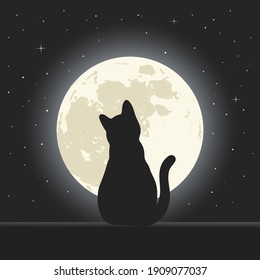 Illustration of a cat on a background of the night sky with stars and the moon