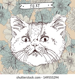 Illustration of cat on floral background in vector