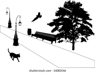 illustration with cat on path in park