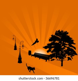 illustration with cat on path in park at sunset