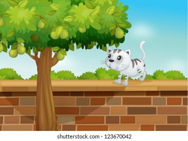 Illustration of a cat on a wall in a beautiful nature