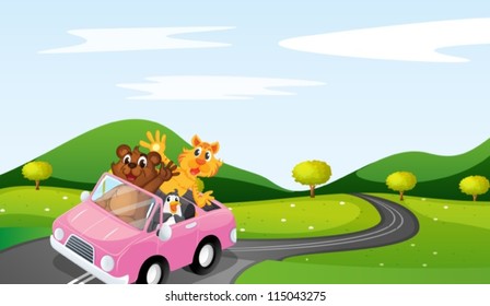 illustration of cat, ottar and penguin in a beautiful nature