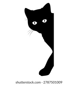 An illustration of a cat peeking around a corner with curious eyes and an outstretched paw. Simple vector drawing on a white background.