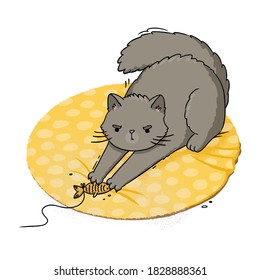 Illustration of a cat playing with bait on the mat