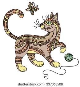 illustration cat playing and ball   butterfly