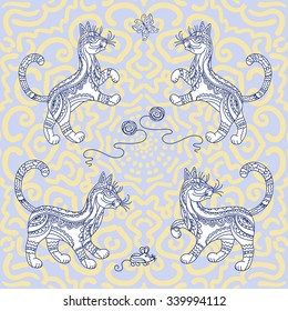 illustration of a cat playing with a ball and butterfly
