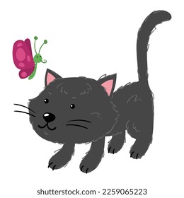 Illustration of a cat playing with a butterfly with its paw. Vector drawing
