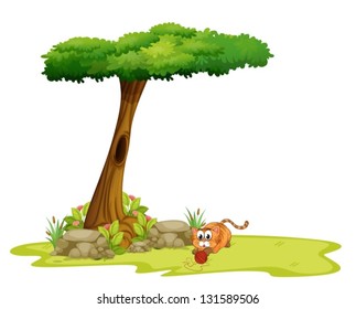 Illustration of a cat playing under the tree on a white background