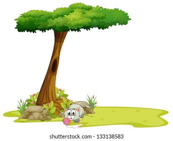 Illustration of a cat playing under the tree on a white background