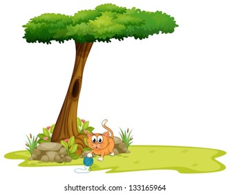 Illustration of a cat playing under a tree with hollow on a white background