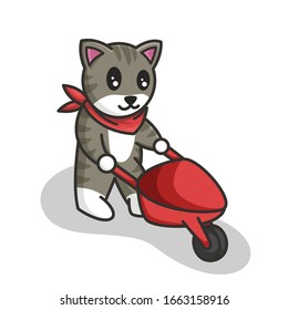 illustration of a cat pushing wheelbarrow,  gardening cat theme, layered vector file