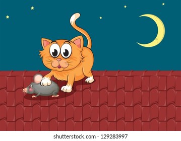 Illustration of a cat and a rat at the rooftop