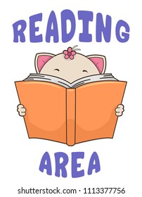 Illustration of a Cat Reading a Book with Reading Area Label for Library