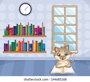 Illustration of a cat reading a book inside the house