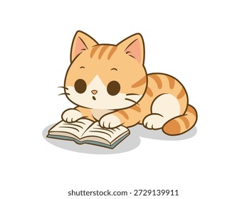 Ilustração de um gato lendo um livro, isolado em um fundo branco