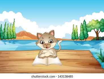 Illustration of a cat reading a book at the port