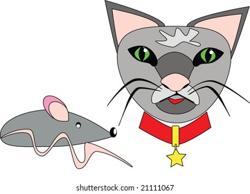 illustration of a cat with red collar and a mouse