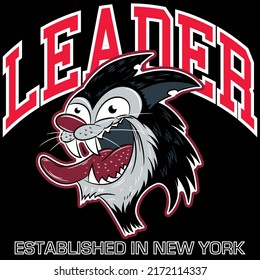Illustration cat in rockabilly style with text Leader and Background