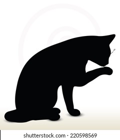 illustration of cat silhouette isolated on white background - in cleaning-pawl pose