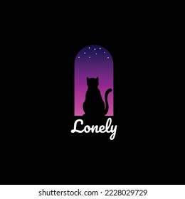 illustration of a cat sitting by the window looking at the stars at night.cat cartoon logo