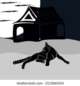 illustration of a cat sitting lazily in the snow on the background of the house and the shining moon