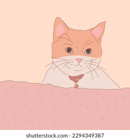 Illustration of a cat sitting on a bed. The cat is looking forward