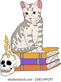 Illustration of a cat sitting on a book and a skull becoming a candle holder