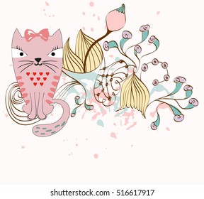 illustration with cat sitting on the branches. Fantasy flowers