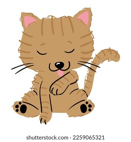 Illustration of a cat sitting upside down licking its paw. Vector drawing
