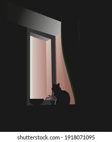 Illustration with a cat sitting at the window in the late evening