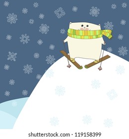 Illustration with cat skiing