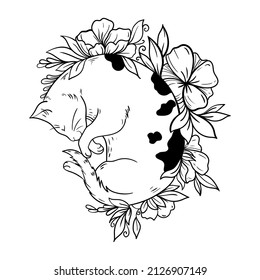 illustration cat sleep flowers black and white